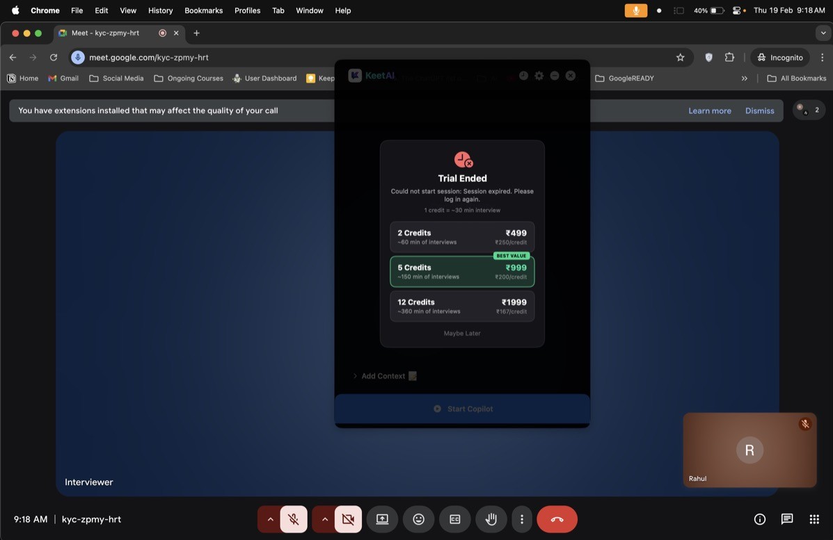 KeetAI running invisibly over Google Meet